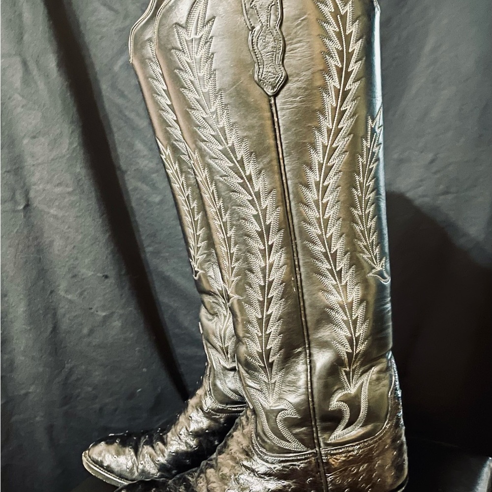 AMMONS Tall Exotic Ostrich/Leather Women’s Black Leather Cowboy Boots